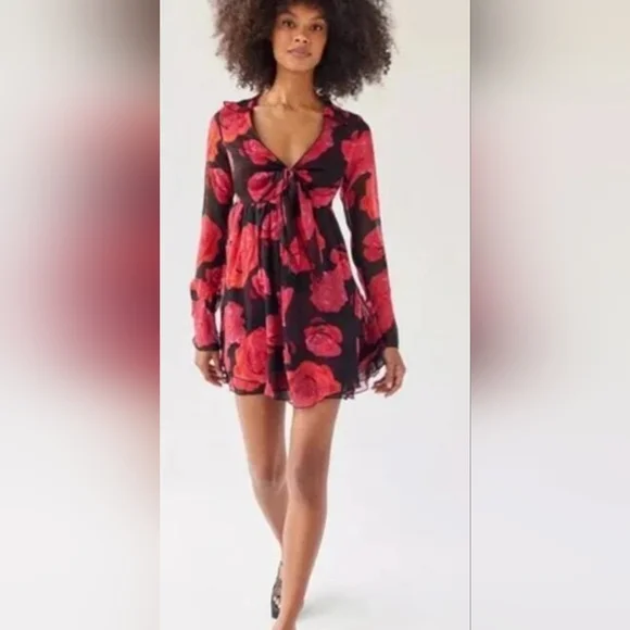 Urban Outfitter Kiki Tie-Front Roses Mini Dress Long Bell Sleeve Cutout Coquette - Picture 1 of 14